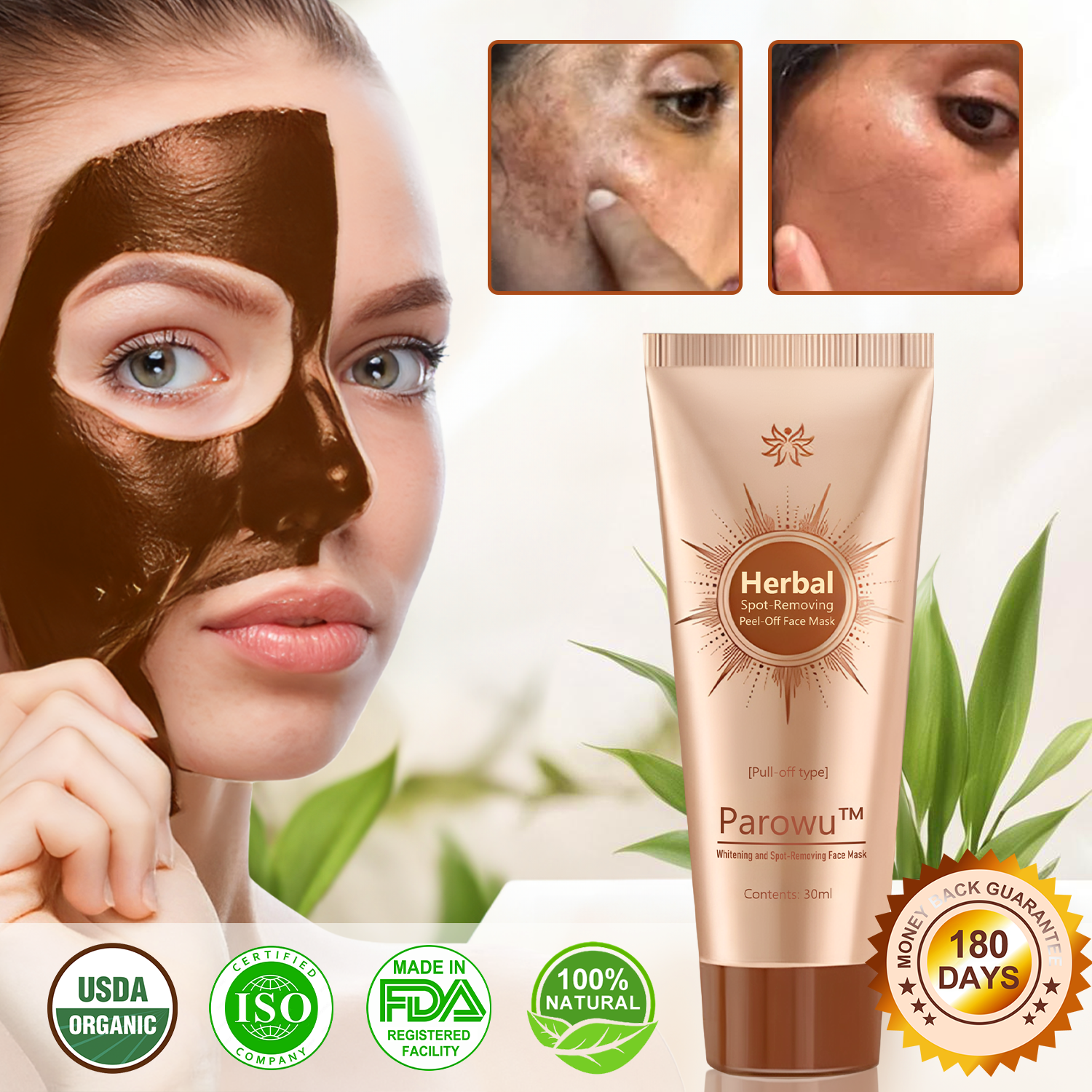 Parowu™ Whitening andSpot-Removing Face MaskSuitable for face and body -Natural ingredientspermanently remove agespots,freckles,sun spots, andliver spots.